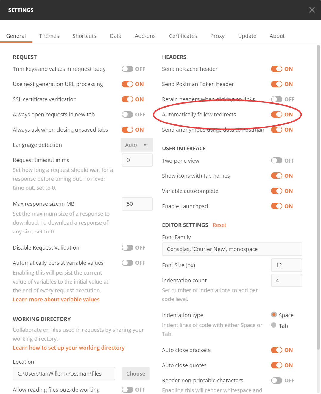 Postman settings
